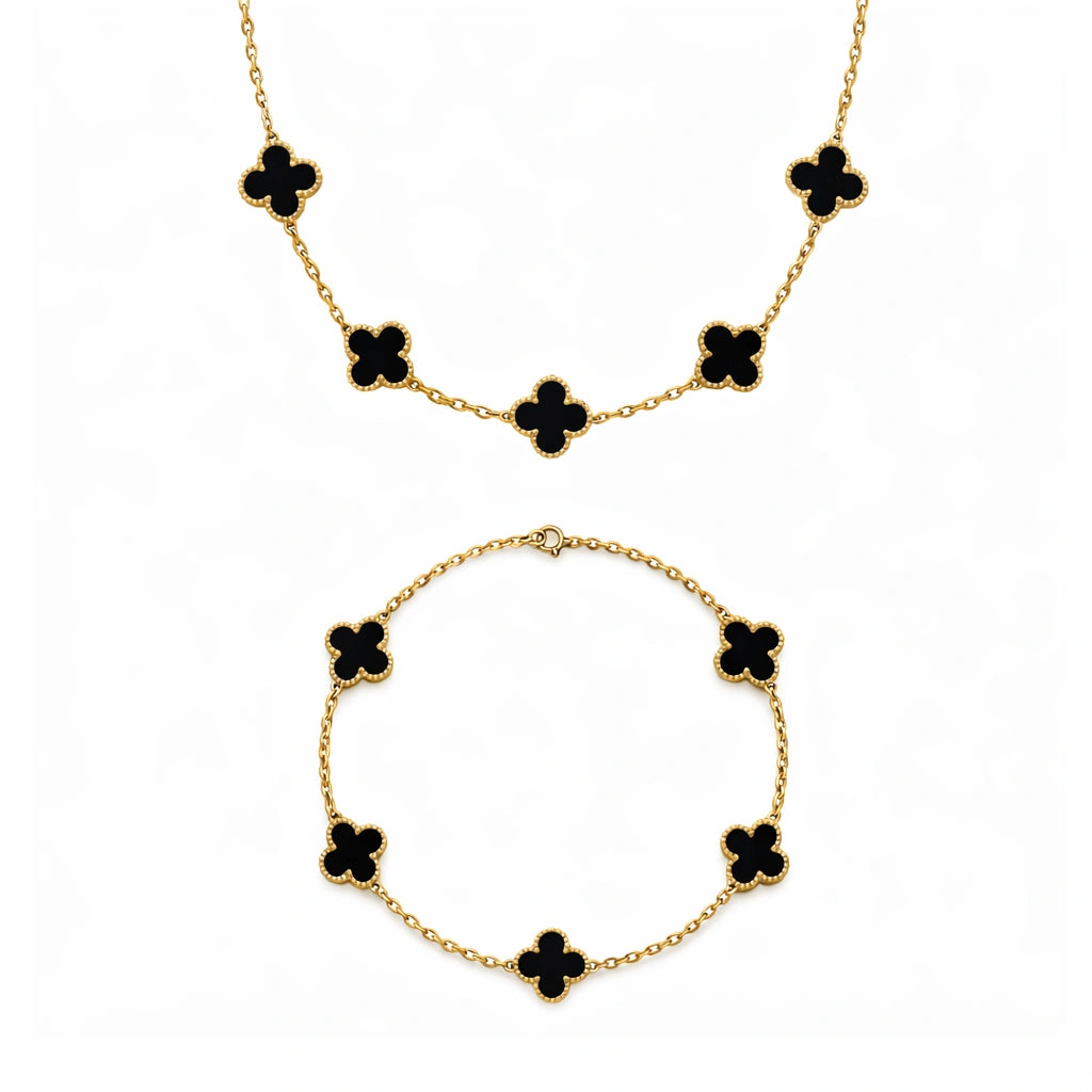 Set Bratara + Colier Auriu Flower Negru