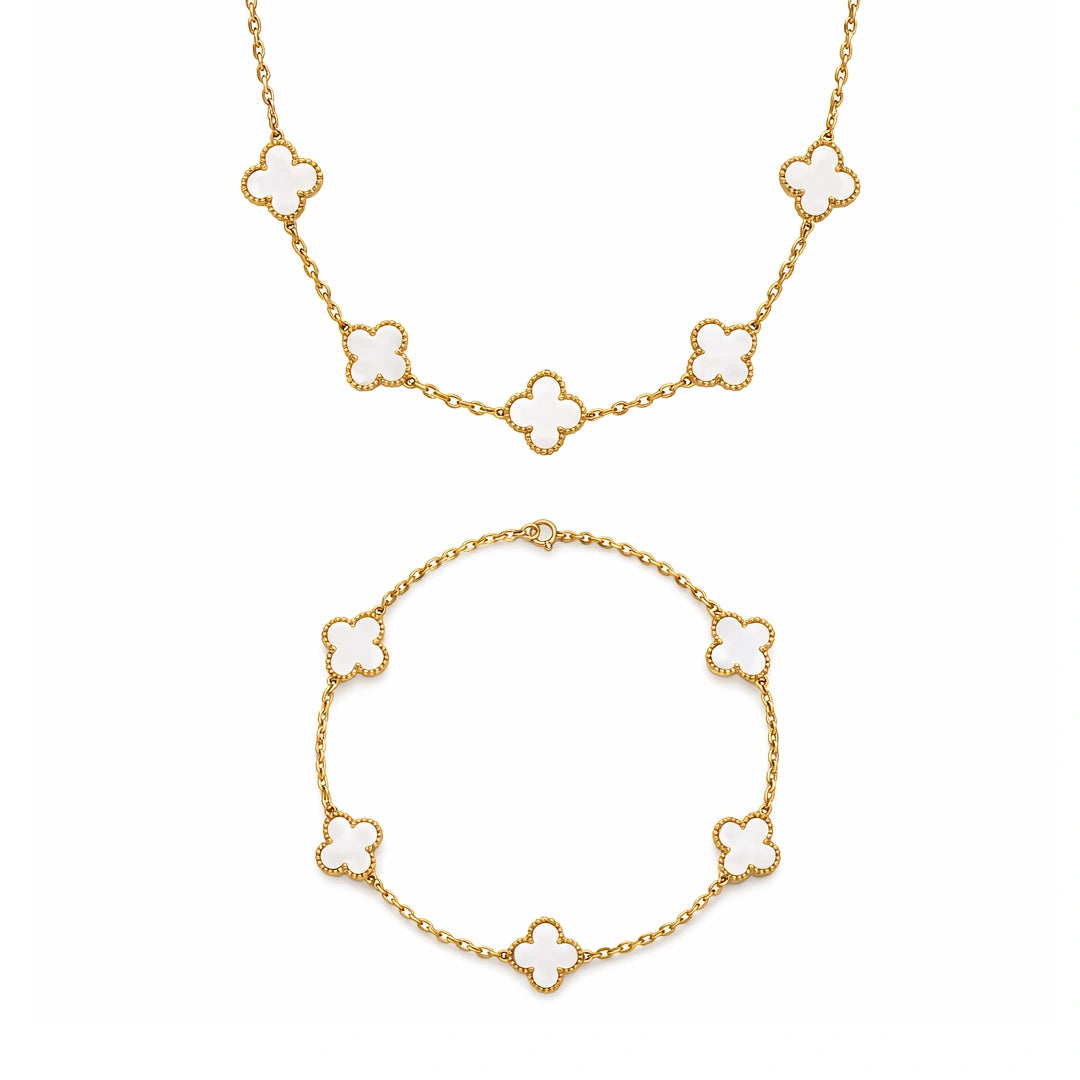 Set Bratara + Colier Auriu Flower Alb
