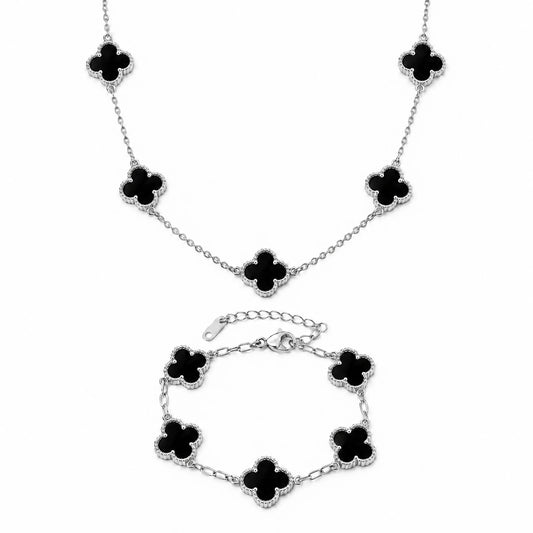 Set Bratara + Colier Argintiu Flower Negru